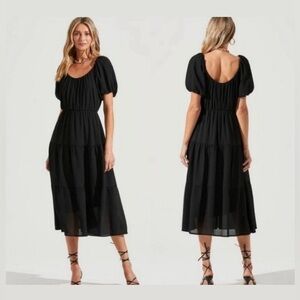 ASTR The Label: Smocked Shoulder Tiered Textured Midi Dress Puff Sleeves Black